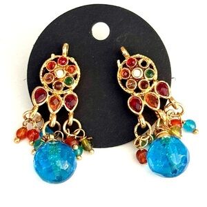 Colorful Indian Gold and Blue Teardrop Earrings with Turquoise Bead